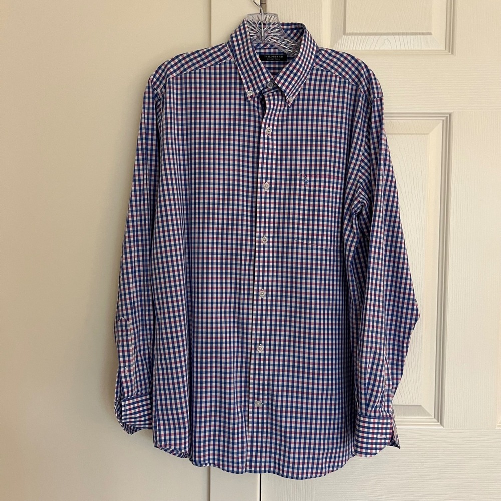 TailorByrd Button Down Shirt Flamingo Logo L‎ Navy Pink Gingham Check